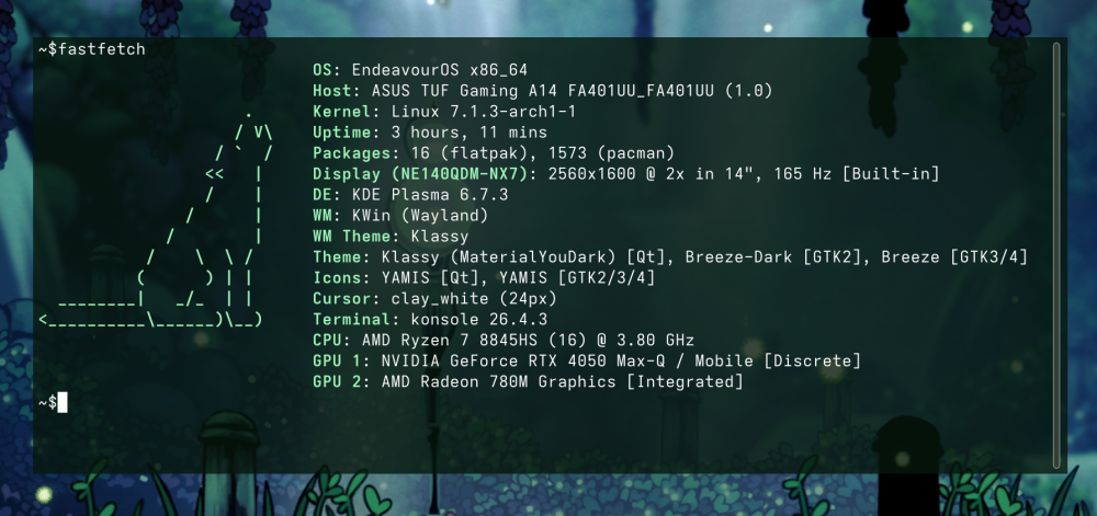 output of the fastfetch command with ASCII art of a wolf howling. Output reads:
      OS: EndeavourOS x86_64;
      Host: ASUS TUF Gaming A14 FA401UU_FA401UU (1.0);
      Kernel: Linux 7.1.3-arch1-1;
      Uptime: 3 hours, 11 mins;
      Packages: 16 (flatpak), 1573 (pacman);
      Display (NE140QDM-NX7): 2560x1600 @ 2x in 14, 165 Hz [Built-in];
      DE: KDE Plasma 6.5.4;
      WM: KWin (Wayland);
      WM Theme: Klassy;
      Theme: Klassy (MaterialYouDark) [Qt], Breeze-Dark [GTK2], Breeze [GTK 3/4];
      Icons: YAMIS [Qt], YAMIS [GTK2/3/4];
      Cursor: clay_white (24px);
      Terminal: konsole 26.3.3;
      CPU: AMD Ryzen 7 8845HS (16) @ 3.80 GHz;
      GPU 1: NVIDIA GeForce RTX 4050 Max-Q / Mobile [Discrete];
      GPU 2: AMD Radeon 780M Graphics [Integrated]