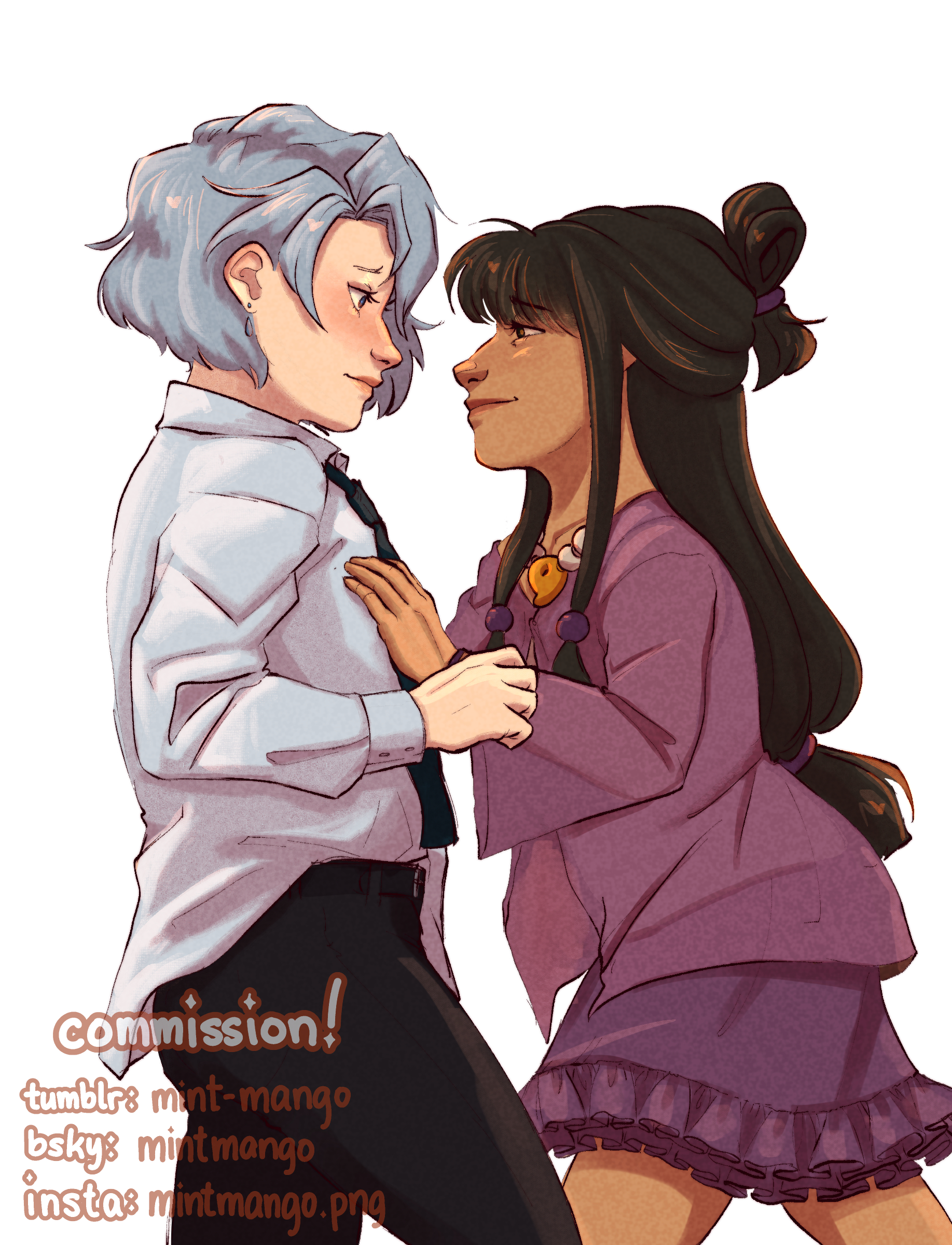 Second digital drawing of Franziska and Maya. Franziska is wearing a shirt and tie, and Maya is wearing a purple dress with a purple jacket. She has a hand on Franziska's chest, and Franziska is touching Maya's arm. They are smiling at each other.