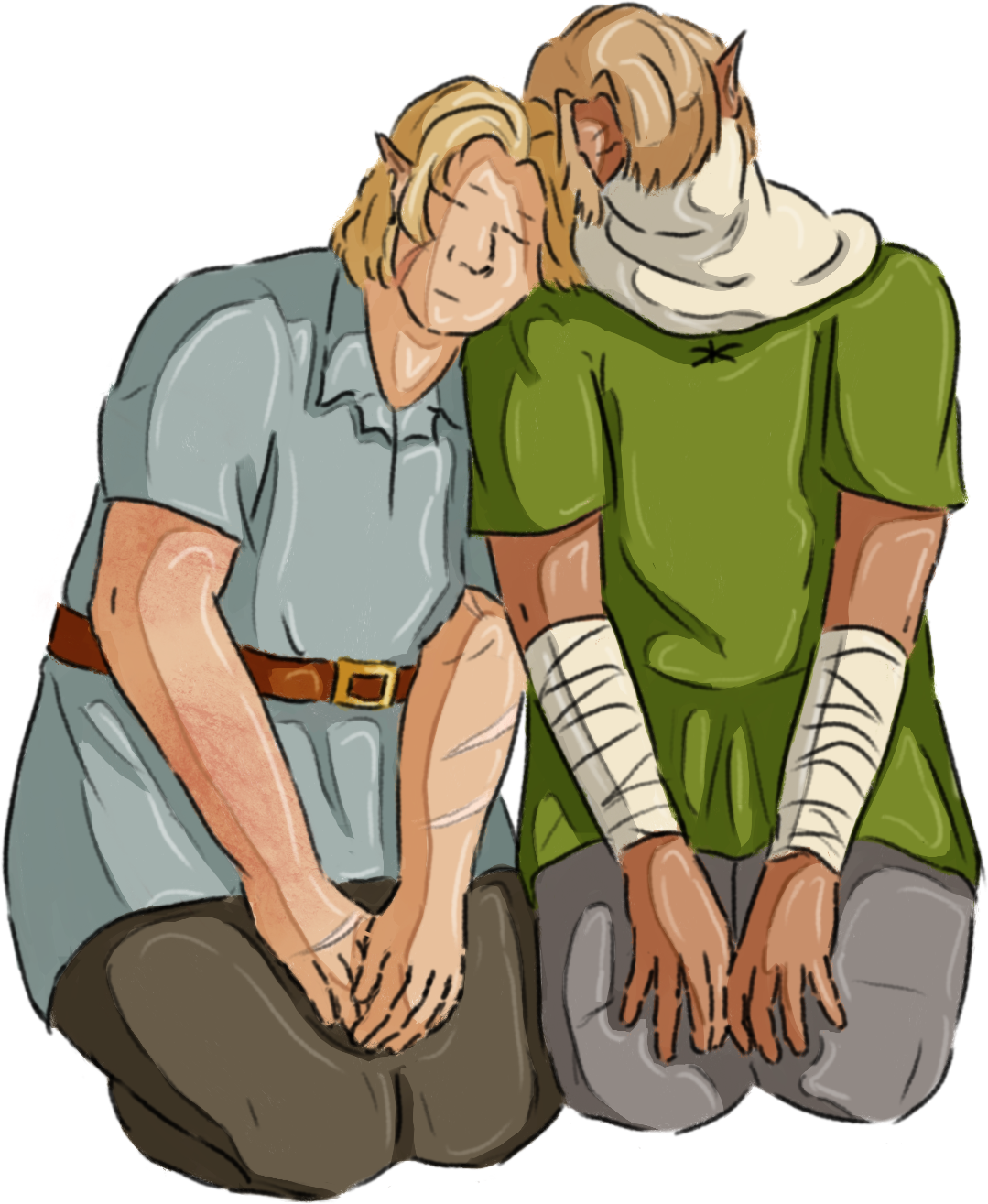 digital drawing of Sheik and Link holding hands. They are sat kneeling, both with their eyes closed, as Link rests his head on Sheik's shoulder.