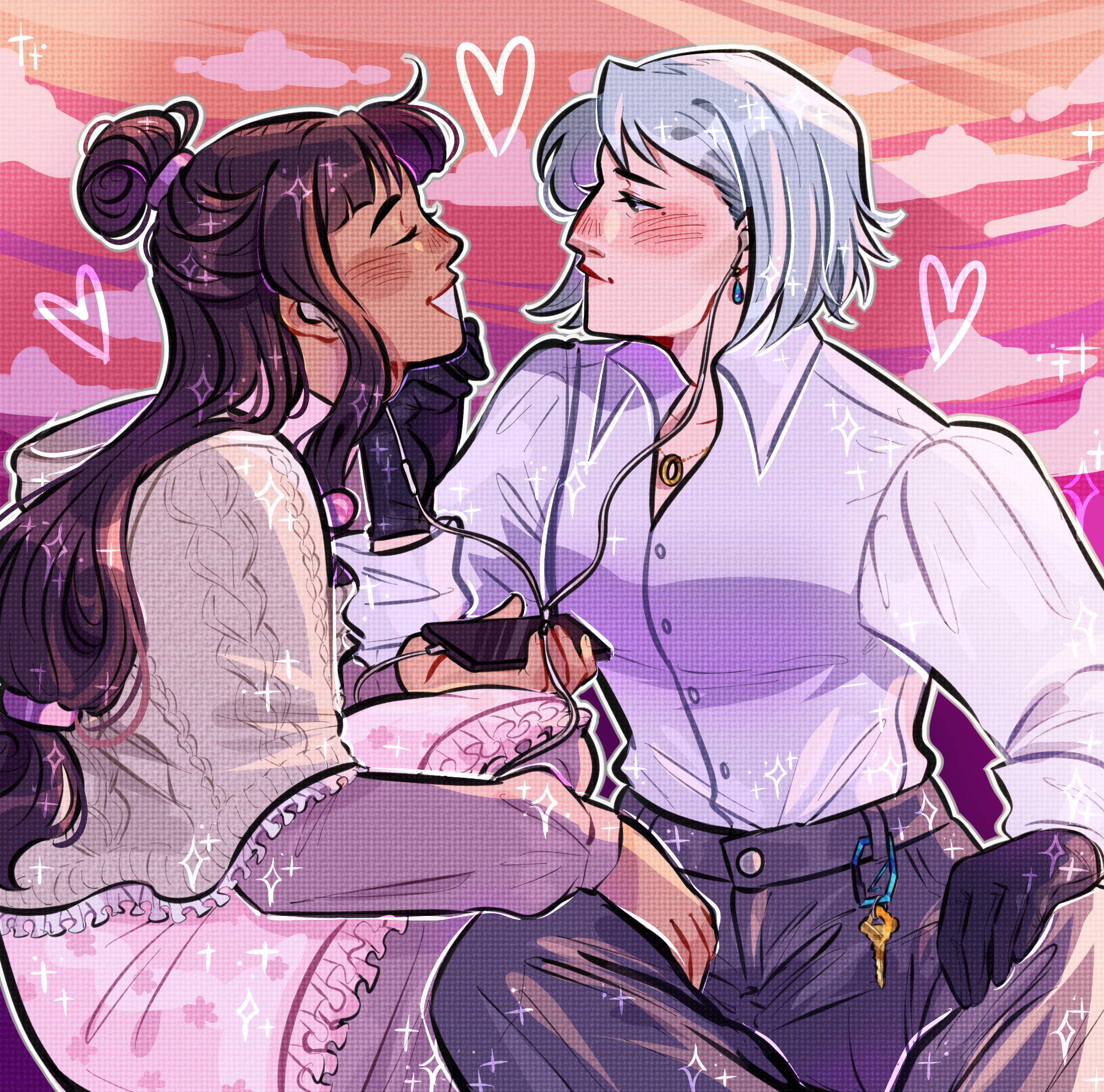 Digital drawing of Franziska and Maya from Ace Attorney. Maya is wearing a pink and purple dress with a green knitted poncho, Franziska is wearing a white shirt and grey trousers with black gloves and a blue carabiner. They are sharing a pair of wired earbuds. Franziska is touching Maya's face while Maya smiles at her.